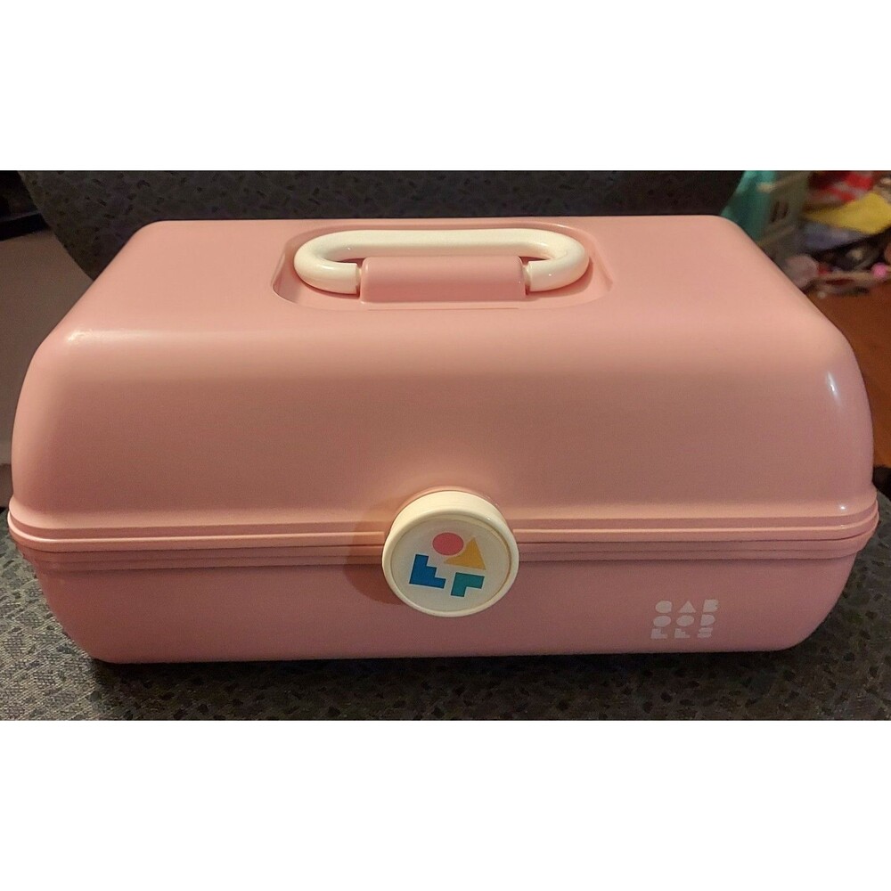 Caboodles Pink Plastic Makeup Case Mirror Handle Tiered Organizer